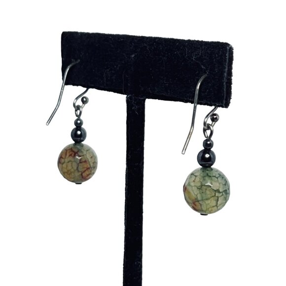 Vintage Silver Tone And Ball Shaped Nephrite Dangle Pierced Earrings (5402) - Picture 4 of 4